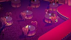 an animated image of tables and chairs in a fancy setting with pink carpeting on the floor