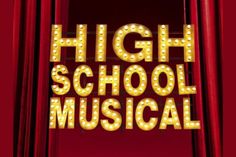 the words high school musical are lit up in front of a red curtain with lights