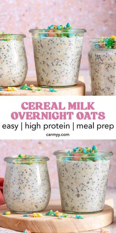 cereal milk overnight oats in glass jars with sprinkles on the side