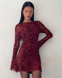 Botanical Flower Maroon Mini Dress | Sevila – motelrocks-com-us Stretch Mesh Fabric, Mein Style, Long Sleeve Mini, Mode Inspiration, Mode Style, Long Sleeve Mini Dress, Flared Sleeves, Mesh Fabric, Look Fashion