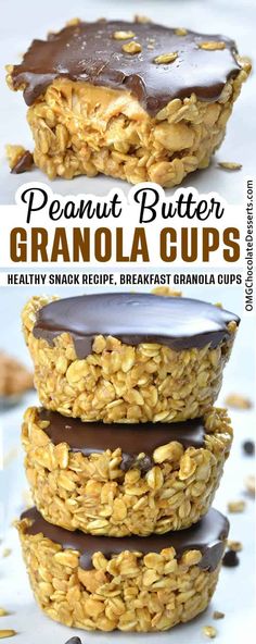 three granola cups stacked on top of each other with chocolate frosting and nuts