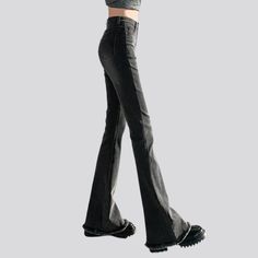 Introducing our laid-back style rock-washed jeans for women from the 2023 Autumn Collection a modern design with retro flairs that nods to the past while keeping up with today's couture trends!Why You'll Love ItPatterned with the modern-forward woman in mind. these jeans promise to bring out your inner fashionista. The quintessential elevated-waist design. combined with a zipper & button closure. ensures all-day comfort and a perfect cut. The pebble-washed finish gives it a unique texture that s Trendy High Waist Jeans In Washed Black, Washed Black Denim Flare Jeans For Fall, Fall Washed Black Denim Flare Jeans, Washed Black Flare Jeans For Fall, Trendy Fall Flare Jeans With Frayed Hem, Trendy Cotton Flares With Frayed Hem, Fitted Washed Black Denim Flare Jeans, Non-stretch Flare Jeans For Fall Streetwear, Grunge Wide Leg Flare Jeans