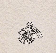 an ink drawing of a bottle with a flower inside and a tag on the top