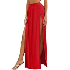 Red Multi High Split Sexy Long Skirt Party Solid Long Skirt Bottoms, Fitted Red Maxi Skirt For Night Out, Split Bottoms For Club And Summer, Red Non-stretch Mini Skirt, Non-stretch Red Mini Skirt, Red Pencil Skirt For Party, Elegant Red High Waist Maxi Skirt, Red High Waist Maxi Skirt, Fitted High Waist Maxi Skirt With Split Design