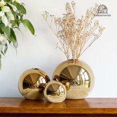 two vases sitting on top of a wooden table next to a potted plant