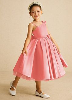 Complete your bridal party with our modern matte satin flower girl dress, Lollipop. Her one-shoulder neckline is complemented with a bow at the shoulder and bow belt. The skirt is ruched beautifully to flare as she walks down the aisle. Coral Flower Girl Dresses, Lollipop Flower, Tea Length Flower Girl Dress, Tea Length Tulle, Satin Flower Girl Dress, Coral Flower, Tulle Flower Girl, White Alabaster, Bow Belt