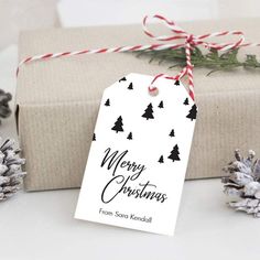 Modern pine trees gift tag template by LittleSizzle Gift Label Ideas, Christmas Tag Templates, Christmas Name Tags, Menu Card Template, Black White Christmas, Christmas Games For Kids, Christmas Tags Printable, Minimal Christmas, Minimalist Black And White