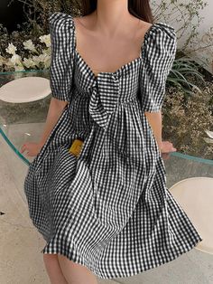 Plaid Puff Sleeve Knee Length Knotted Casual Dress Casual Gingham Puff Sleeve Dress, Casual Gingham Dress With Puff Sleeves, Cheap Summer Dresses, Blue Yellow Red, Red Style, Plaid Design, Chic Clothes, Fashion Chic, Comfy Casual