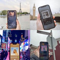 four different pictures of people holding their cell phones in front of the eiffel tower