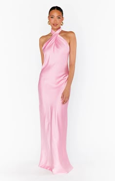 Jasmine Halter Maxi Dress ~ Moss Green Luxe Satin – Show Me Your Mumu Maxi Hoco Dress, Long Hoco Dress, Pastel Dress Formal, Pink Formal Dresses Long, Pink Satin Bridesmaid Dresses, Bright Pink Bridesmaid Dresses, Pink Bridesmaid Dresses Mismatched, Light Pink Dresses, Pink Wedding Guest Dresses