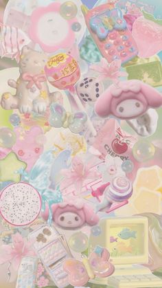 an image of many different items in the air with bubbles and stars on them, as well as teddy bears