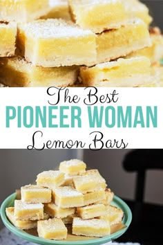 some pieces of lemon bars on a plate with the words, the best pioner woman