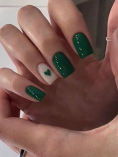 Green Acrylic Nails, Dark Green Nails, Green Nail Designs, Heart Nail, White Nail, Square Acrylic Nails