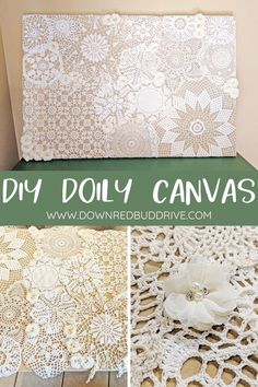 crocheted doily canvas with flowers on it and the words diy doily canvas