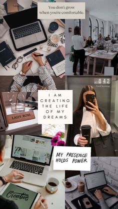 the collage shows people working on their laptops and other electronic devices, with text that reads i am creating the life of my dreams