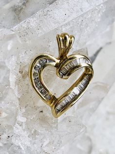 14kt Gold baguette diamonds vintage heart pendant 3/4 inch tall Usa Jewelry, Baguette Diamonds, Handcrafted Necklace, Vintage Heart, Baguette Diamond, Vintage Diamond, 14kt Gold, Phone Ring, Pendant Necklaces