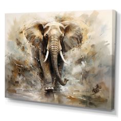 an elephant with tusks standing in front of a large painting on the wall