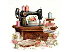 an old sewing machine with flowers on the table next to it and some thread spools