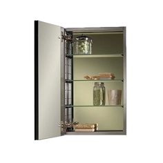 an open medicine cabinet with glass shelves and jars