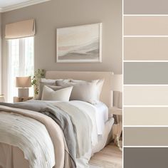 a bedroom with neutrals and white colors in the walls, along with a large bed