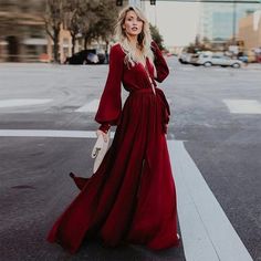 V-neck Long Sleeve Belted Chiffon Maxi Dress sold by KoKo Fashion on Storenvy