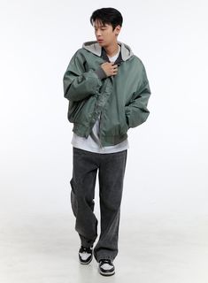 Product Detail Style : Street, Casual Occasion : Back to school Type : Men Detail : Zip up, Pockets, Hood Print : Solid Material : Polyester Sleeve : Long sleeve Neck : Hood Fit : Loose fit Polyester100 Color : Dark green, Dark red, Black Made in Korea Model Size Model is wearing size M/L and the color Dark green. Height : 6'0" | 184cm / Top : L / Bottom : XL (32 inch) .prddescription table, .prddescription td, .prddescription th { border : 1px solid black; border-collapse : collapse; padding: 1 Trendy Cotton Varsity Jacket For Outdoor, Trendy Hooded Varsity Jacket With Pockets, Casual Oversized Varsity Jacket For Winter, Urban Oversized Varsity Jacket For Winter, Casual Varsity Jacket With Pockets For Streetwear, Oversized Windbreaker For Streetwear, Oversized Casual Varsity Jacket, Oversized Long Sleeve Varsity Jacket With Pockets, Casual Varsity Jacket For Fall