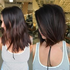 two photos of a woman with long brown hair