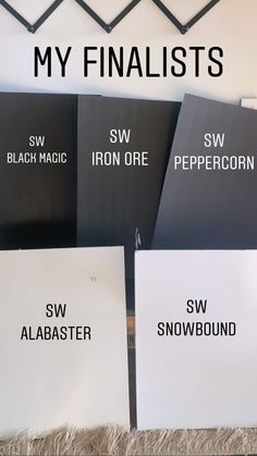 four black and white snowbound vinyl sheets with the words my finalists on them