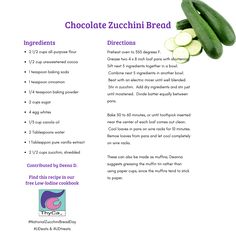 the recipe for chocolate zucchini bread is shown in this brochure format