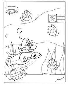 a coloring page with an image of a man diving in the ocean and other fish