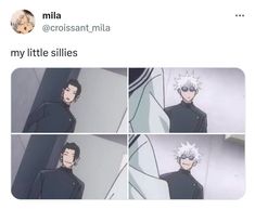 an anime character with white hair and glasses in the middle of two pictures, one is looking