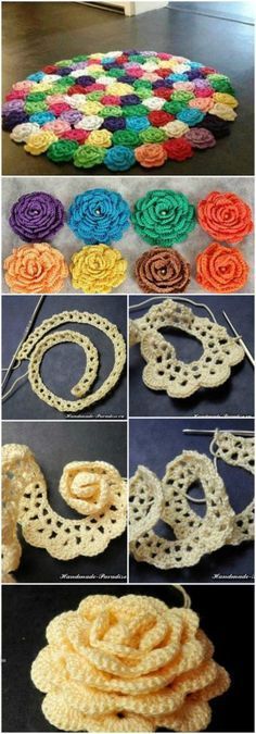 crocheted doily is shown with different colors and patterns on the bottom row