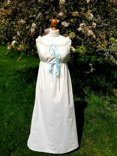 This nightgown is made out of cotton, it fastens at the center front with ribbon and cord around the neckline and waist, and can be pulled in or let out meaning it's adjustable. Regency Nightgown, Womens Costumes, Women's Costumes, Lovely Dresses, Night Dress, Night Gown, Making Out, Favorite Outfit, United Kingdom