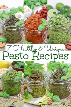 several jars filled with pesto and herbs