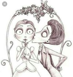 a drawing of two people kissing in front of a mirror with flowers on the head