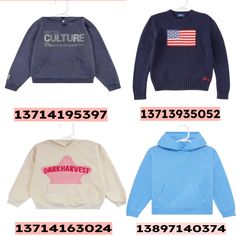 four sweatshirts with different logos on them and the words culture written in red, white, and blue