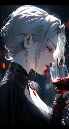 a woman with white hair holding a glass of red wine in her hand and looking down