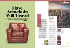 an article in the life and style magazine features a brown leather chair with armrests