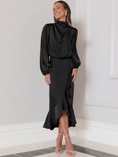 Black Fold Turtleneck, High Low Midi Dress, Evening Dresses With Sleeves, Satin Long Sleeve, Dress Sleeve Styles, Split Maxi Dress, Mini Robes, Elegant Dresses For Women, Hip Dress