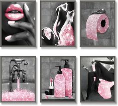 four different images of pink and black bathroom decor with glitter on the toilet, soap dispenser, hand sanitizer