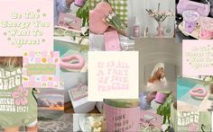 a collage of photos with pink and green items