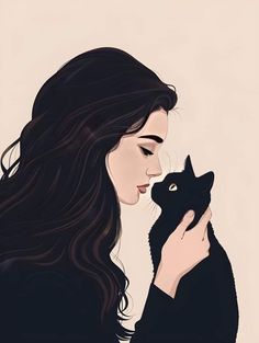 a woman with long hair holding a black cat in her hands and looking at it