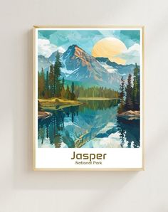 a poster with the name jasper national park in front of a lake and mountains