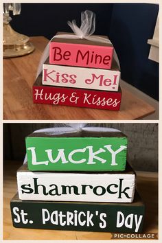 three stacked wooden blocks with words on them, each saying kiss me hugs and kisses lucky shamrock st patrick's day