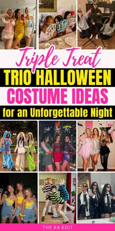 a collage of halloween costumes with the title triple treat trio halloween costumes for an unforgetable night