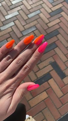 Two Tone Orange Nails, Neon Nails Pink And Orange, Orange To Pink Nails, Orange And Fuschia Nails, Pink Orange Red Nails, Orange Nails Summer Neon, Hot Pink Orange Nails, Bright Pink And Orange Nails, Pink Orange Nails Summer