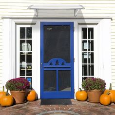 a blue front door surrounded by potted plants and pumpkins