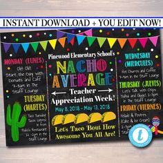 EDITABLE Nacho Average Teacher Appreciation Week Itinerary Poster, Fiesta Theme Appreciation Week Schedule Events INSTANT DOWNLOAD Printable Teacher Appreciation Week Poster, Nacho Average Teacher, Teacher Appreciation Themes, Struktur Teks, Staff Appreciation Week, Pto Ideas, Coffee Gift Basket, Week Schedule, Chalkboard Poster