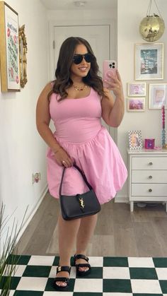 Brunch With The Girls Outfit, Black Ysl Bag, Pink Puffy Dress, Brunch Ootd, Summer Brunch, Puffy Dresses, Plus Size Summer Outfit, Steve Madden Sandals, Aesthetic Pastel