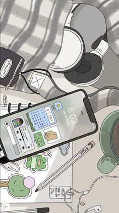 a cell phone sitting on top of a bed next to headphones and other items